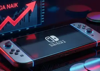 Ilustrasi konsol Nintendo Switch 2 di depan grafik merah yang menanjak tajam dengan teks Harga Naik, simbol dampak krisis memori global.