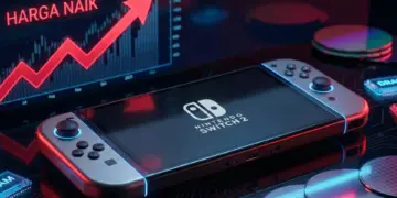 Ilustrasi konsol Nintendo Switch 2 di depan grafik merah yang menanjak tajam dengan teks Harga Naik, simbol dampak krisis memori global.