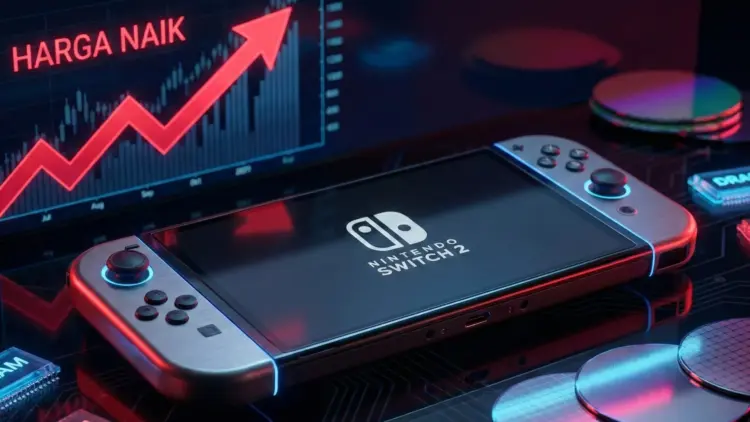 Ilustrasi konsol Nintendo Switch 2 di depan grafik merah yang menanjak tajam dengan teks Harga Naik, simbol dampak krisis memori global.