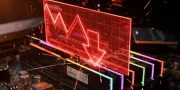 Ilustrasi dramatis modul RAM DDR5 RGB di motherboard yang tertimpa grafik keuangan merah menurun tajam, menggambarkan dampak kenaikan harga RAM DDR5 terhadap pasar komponen PC.