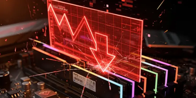 Ilustrasi dramatis modul RAM DDR5 RGB di motherboard yang tertimpa grafik keuangan merah menurun tajam, menggambarkan dampak kenaikan harga RAM DDR5 terhadap pasar komponen PC.