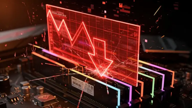 Ilustrasi dramatis modul RAM DDR5 RGB di motherboard yang tertimpa grafik keuangan merah menurun tajam, menggambarkan dampak kenaikan harga RAM DDR5 terhadap pasar komponen PC.