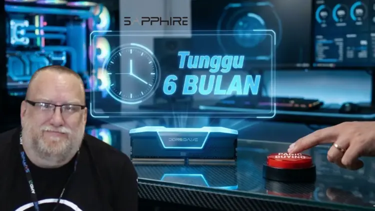 Ilustrasi visual saran Bos Sapphire Edward Crisler terkait harga RAM DDR5 mahal: tunggu 6 bulan dan jangan panic buying.