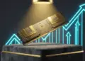 Ilustrasi 3D modul RAM DDR5 berwarna emas yang melayang di depan grafik saham yang menanjak naik, menyimbolkan harga RAM DDR5 yang menggila dan strategi profit Samsung.