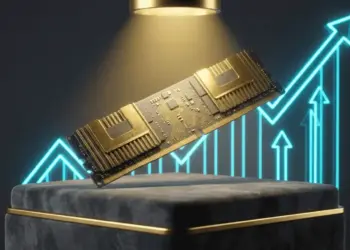 Ilustrasi 3D modul RAM DDR5 berwarna emas yang melayang di depan grafik saham yang menanjak naik, menyimbolkan harga RAM DDR5 yang menggila dan strategi profit Samsung.