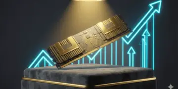 Ilustrasi 3D modul RAM DDR5 berwarna emas yang melayang di depan grafik saham yang menanjak naik, menyimbolkan harga RAM DDR5 yang menggila dan strategi profit Samsung.