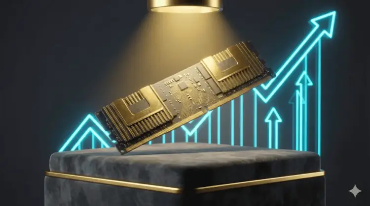 Ilustrasi 3D modul RAM DDR5 berwarna emas yang melayang di depan grafik saham yang menanjak naik, menyimbolkan harga RAM DDR5 yang menggila dan strategi profit Samsung.