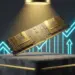 Ilustrasi 3D modul RAM DDR5 berwarna emas yang melayang di depan grafik saham yang menanjak naik, menyimbolkan harga RAM DDR5 yang menggila dan strategi profit Samsung.