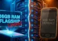 Ilustrasi perbandingan dramatis antara HP RAM 16GB flagship yang langka dengan HP RAM 4GB jadul yang kembali marak, berlatar belakang server data center yang menyala.