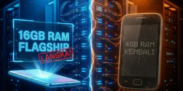 Ilustrasi perbandingan dramatis antara HP RAM 16GB flagship yang langka dengan HP RAM 4GB jadul yang kembali marak, berlatar belakang server data center yang menyala.