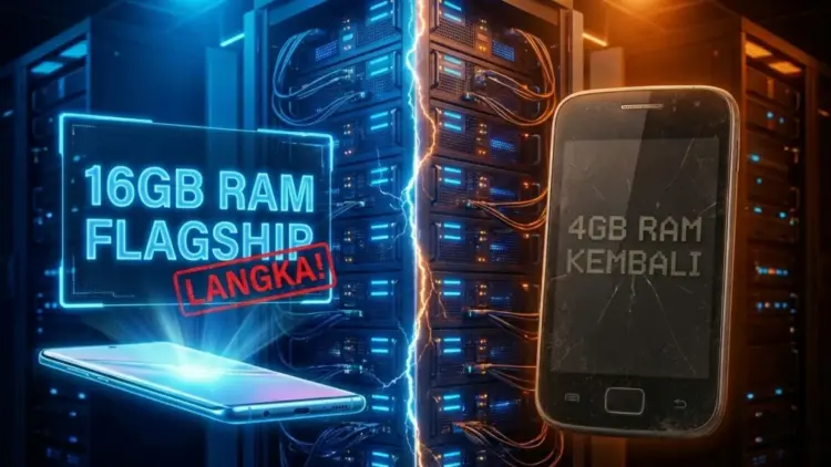 Ilustrasi perbandingan dramatis antara HP RAM 16GB flagship yang langka dengan HP RAM 4GB jadul yang kembali marak, berlatar belakang server data center yang menyala.