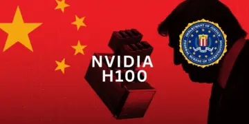 Grafis ilustrasi yang menggambarkan penyelundupan chip AI NVIDIA H100 ke China, menampilkan tumpukan perangkat keras NVIDIA H100 di depan bendera merah China, disandingkan dengan siluet Donald Trump dan logo resmi FBI (Federal Bureau of Investigation) sebagai simbol penegakan hukum AS yang menggagalkan upaya tersebut.