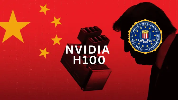 Grafis ilustrasi yang menggambarkan penyelundupan chip AI NVIDIA H100 ke China, menampilkan tumpukan perangkat keras NVIDIA H100 di depan bendera merah China, disandingkan dengan siluet Donald Trump dan logo resmi FBI (Federal Bureau of Investigation) sebagai simbol penegakan hukum AS yang menggagalkan upaya tersebut.