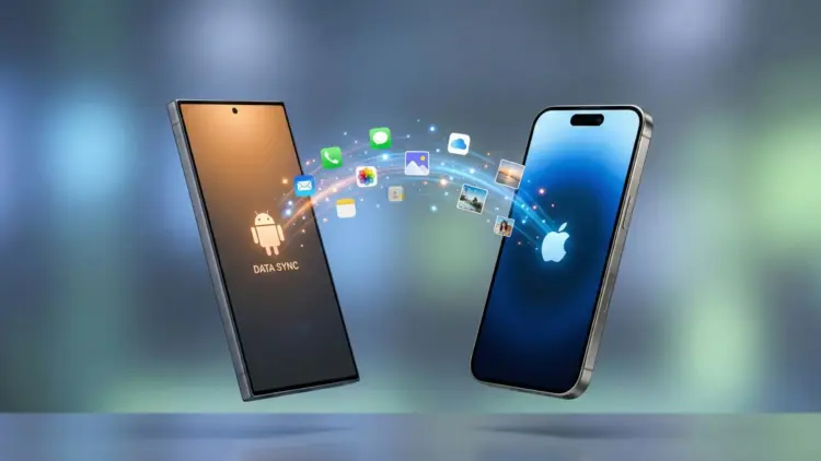 Ilustrasi 3D proses pindah Android ke iPhone yang menampilkan transfer data foto, kontak, dan aplikasi secara nirkabel dan cepat.