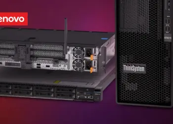 Tampilan perangkat server Lenovo ThinkSystem dan ThinkAgile yang dirancang untuk memperkuat infrastruktur AI Lenovo dengan performa tinggi dan efisiensi data.