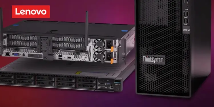 Tampilan perangkat server Lenovo ThinkSystem dan ThinkAgile yang dirancang untuk memperkuat infrastruktur AI Lenovo dengan performa tinggi dan efisiensi data.