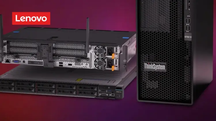 Tampilan perangkat server Lenovo ThinkSystem dan ThinkAgile yang dirancang untuk memperkuat infrastruktur AI Lenovo dengan performa tinggi dan efisiensi data.