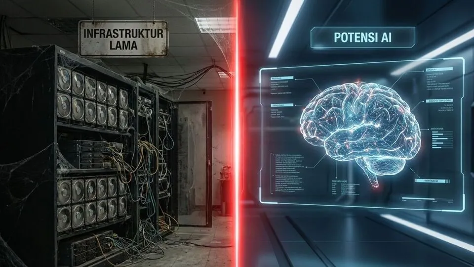 Ilustrasi perbandingan sistem penyimpanan data lama yang berdebu vs potensi teknologi masa depan yang bisa dicapai dengan Infrastruktur AI Lenovo.