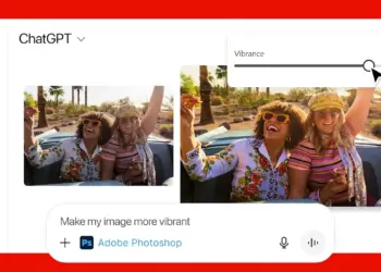 Tangkapan layar yang menunjukkan antarmuka ChatGPT terintegrasi dengan Adobe Photoshop, memungkinkan pengguna untuk mengedit foto seperti menyesuaikan vibrance langsung dari jendela obrolan.