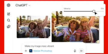 Tangkapan layar yang menunjukkan antarmuka ChatGPT terintegrasi dengan Adobe Photoshop, memungkinkan pengguna untuk mengedit foto seperti menyesuaikan vibrance langsung dari jendela obrolan.