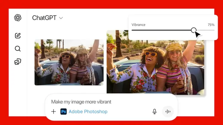 Tangkapan layar yang menunjukkan antarmuka ChatGPT terintegrasi dengan Adobe Photoshop, memungkinkan pengguna untuk mengedit foto seperti menyesuaikan vibrance langsung dari jendela obrolan.