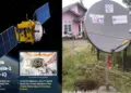 Visualisasi Satelit SATRIA-1 dan dish VSAT BAKTI Komdigi yang digunakan untuk menyediakan layanan internet darurat di lokasi bencana banjir.