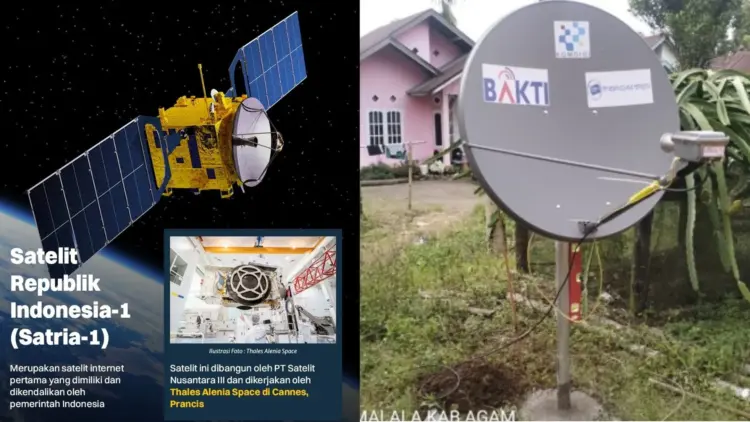Visualisasi Satelit SATRIA-1 dan dish VSAT BAKTI Komdigi yang digunakan untuk menyediakan layanan internet darurat di lokasi bencana banjir.