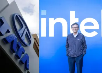 Kolase foto yang menampilkan logo Tata Group dan petinggi Intel, merepresentasikan kesepakatan investasi Intel India senilai Rp222 triliun.