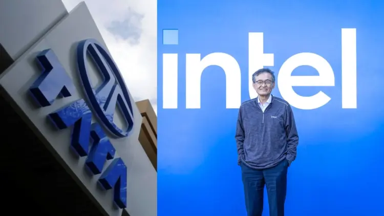 Kolase foto yang menampilkan logo Tata Group dan petinggi Intel, merepresentasikan kesepakatan investasi Intel India senilai Rp222 triliun.