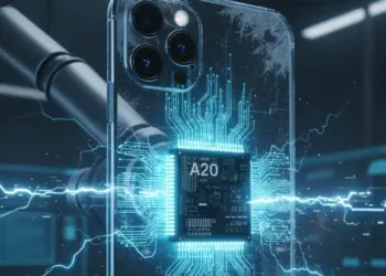 Ilustrasi konsep futuristik iPhone 18 dengan Chipset A20 yang menyala biru, menampilkan teknologi packaging WMCM untuk performa lebih dingin.