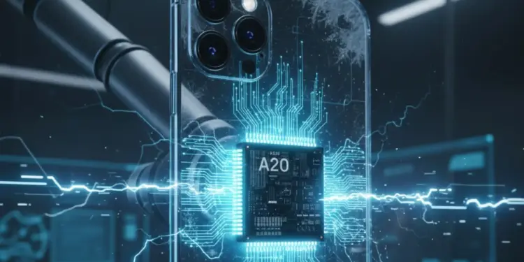Ilustrasi konsep futuristik iPhone 18 dengan Chipset A20 yang menyala biru, menampilkan teknologi packaging WMCM untuk performa lebih dingin.