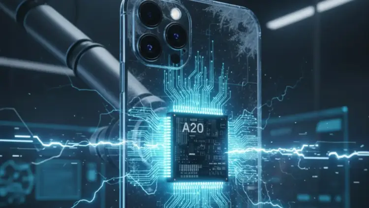 Ilustrasi konsep futuristik iPhone 18 dengan Chipset A20 yang menyala biru, menampilkan teknologi packaging WMCM untuk performa lebih dingin.