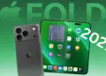 Render konsep desain iPhone Foldable (Apple Fold) dalam mode tertutup dan terbuka yang diprediksi meluncur tahun 2027, setelah Apple dilaporkan memesan panel OLED dari Samsung.