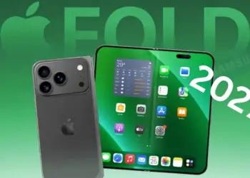 Render konsep desain iPhone Foldable (Apple Fold) dalam mode tertutup dan terbuka yang diprediksi meluncur tahun 2027, setelah Apple dilaporkan memesan panel OLED dari Samsung.