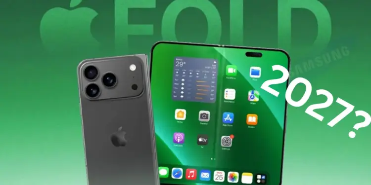Render konsep desain iPhone Foldable (Apple Fold) dalam mode tertutup dan terbuka yang diprediksi meluncur tahun 2027, setelah Apple dilaporkan memesan panel OLED dari Samsung.