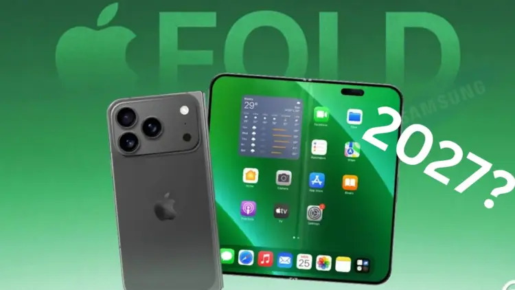 Render konsep desain iPhone Foldable (Apple Fold) dalam mode tertutup dan terbuka yang diprediksi meluncur tahun 2027, setelah Apple dilaporkan memesan panel OLED dari Samsung.