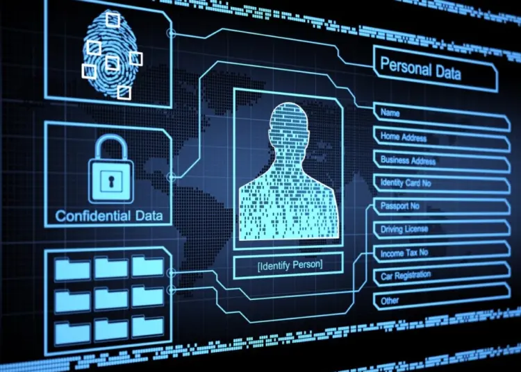 Ilustrasi antarmuka digital yang menampilkan pemetaan data pribadi sensitif seperti identitas, alamat, dan sidik jari yang rentan diambil oleh aplikasi VPN gratis.