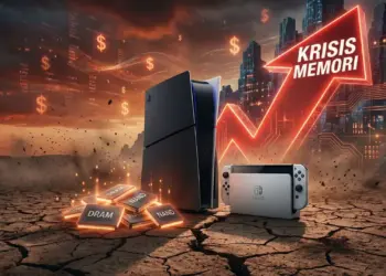 Ilustrasi konsol PlayStation 5 dan Nintendo Switch 2 dengan grafik panah merah naik, menyimbolkan krisis memori yang mengancam kenaikan harga drastis.