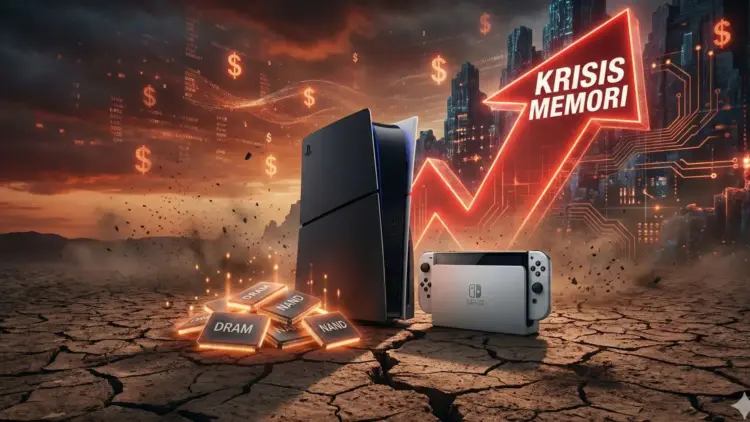 Ilustrasi konsol PlayStation 5 dan Nintendo Switch 2 dengan grafik panah merah naik, menyimbolkan krisis memori yang mengancam kenaikan harga drastis.