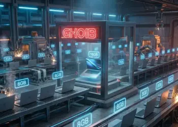 Ilustrasi pabrik futuristik yang memproduksi massal Laptop RAM 8GB, sementara varian 16GB menjadi barang 'GHOIB' atau langka di dalam etalase kaca.