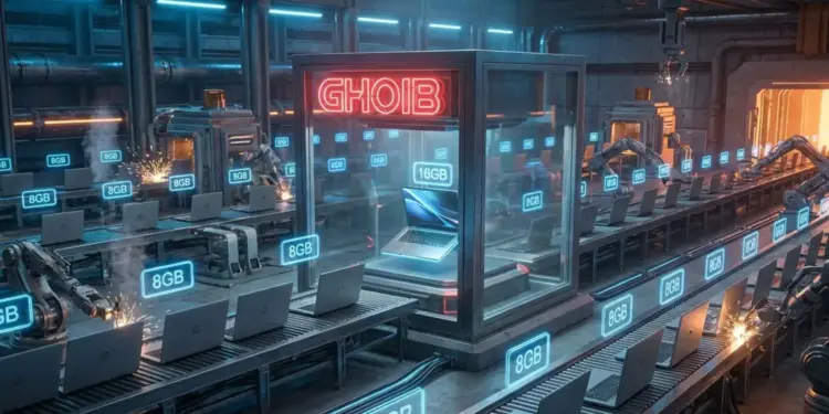 Ilustrasi pabrik futuristik yang memproduksi massal Laptop RAM 8GB, sementara varian 16GB menjadi barang 'GHOIB' atau langka di dalam etalase kaca.