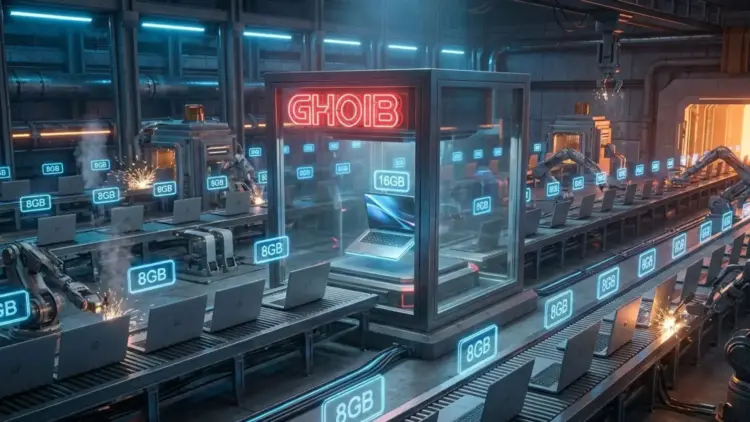 Ilustrasi pabrik futuristik yang memproduksi massal Laptop RAM 8GB, sementara varian 16GB menjadi barang 'GHOIB' atau langka di dalam etalase kaca.