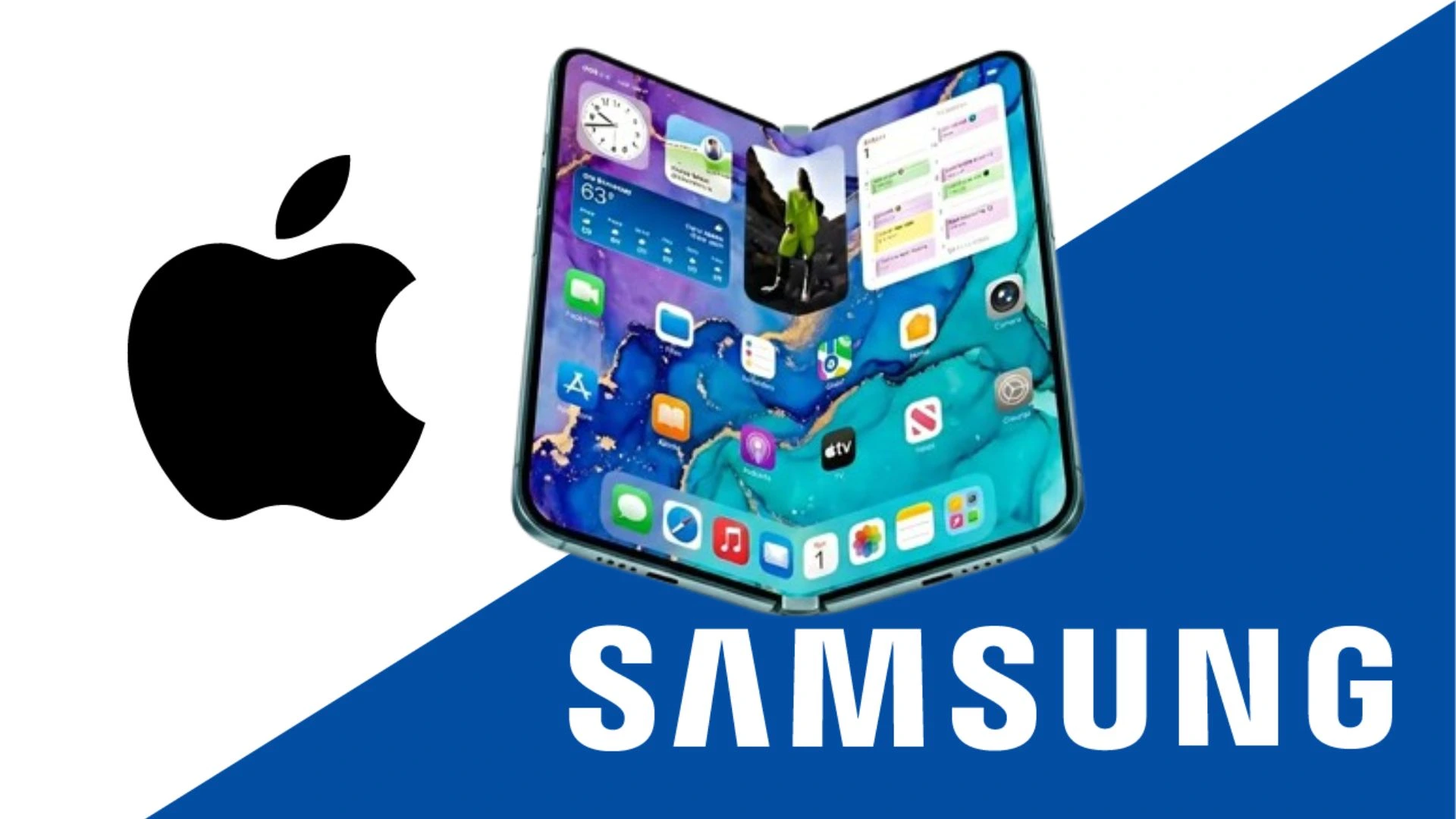 Ilustrasi konsep iPhone Foldable yang ditempatkan di antara logo Apple dan Samsung, mewakili pesanan 11 juta unit layar OLED dari Samsung Display.