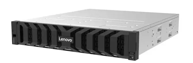 Perangkat penyimpanan Lenovo ThinkSystem DS Series All-Flash yang mendukung kecepatan akses data tinggi untuk Infrastruktur AI Lenovo.