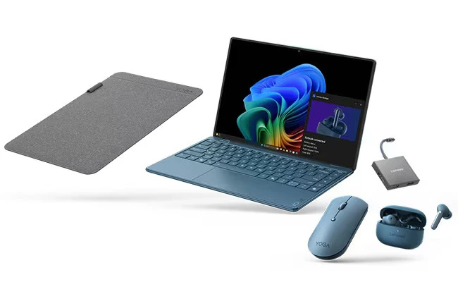 Tampilan produk laptop Lenovo Yoga Slim 9i 14 Gen 10 lengkap dengan aksesoris, rekomendasi laptop AI dengan layar OLED 4K terbaik untuk desainer grafis dan kreator konten.