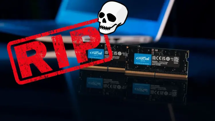 Ilustrasi modul RAM Crucial dengan stempel RIP, menyimbolkan keputusan Micron Tutup Crucial untuk memproduksi memori HBM (High-Bandwidth Memory) untuk AI.