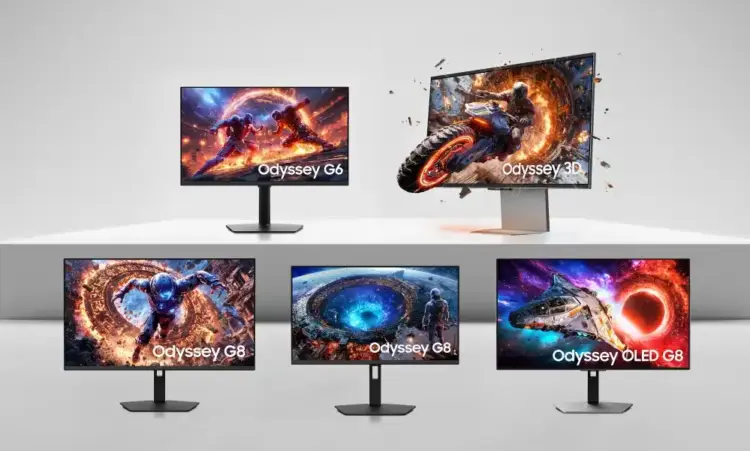 Lineup lengkap monitor gaming Samsung Odyssey terbaru 2026 menampilkan Odyssey 3D 6K, Odyssey G6 1040Hz, serta varian Odyssey G8 dan OLED G8 dengan visual memukau.