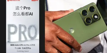 Poster teaser resmi peluncuran Moto X70 Air Pro yang menonjolkan keunggulan fitur AI dan tampilan fisik bodi belakang smartphone berwarna hijau dengan modul kamera estetik.