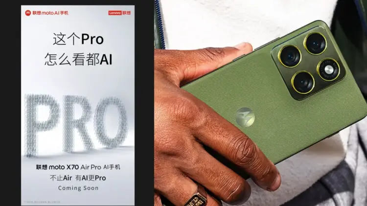 Poster teaser resmi peluncuran Moto X70 Air Pro yang menonjolkan keunggulan fitur AI dan tampilan fisik bodi belakang smartphone berwarna hijau dengan modul kamera estetik.