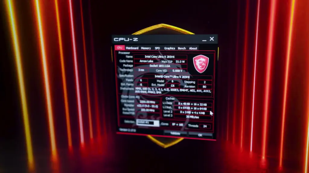 Tampilan layar CPU-Z pada unit MSI Raider 18 HX AI yang mengonfirmasi penggunaan prosesor Intel Core Ultra 9 285HX Arrow Lake.